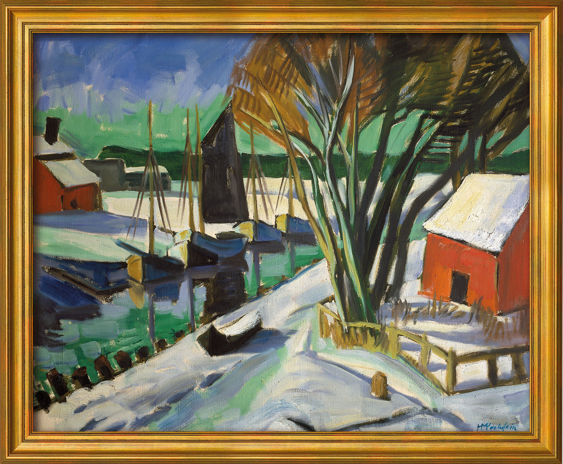 Max Pechstein: Bild 'Am Strom im Winter (Leba)' (1922), Version goldfarben gerahmt