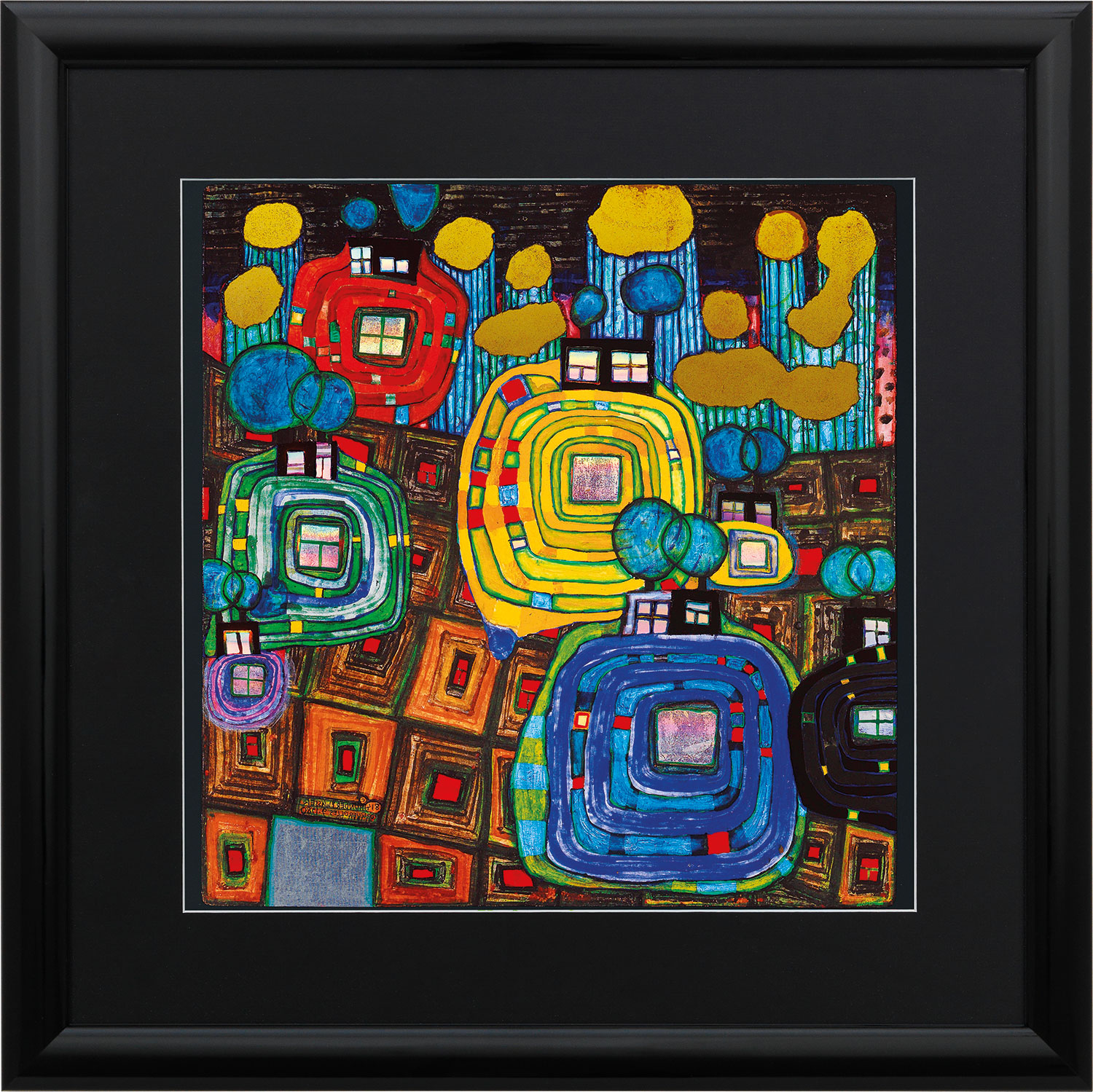 Friedensreich Hundertwasser: Afbeelding '(814) Paviljoenen en Bungalows', ingelijst