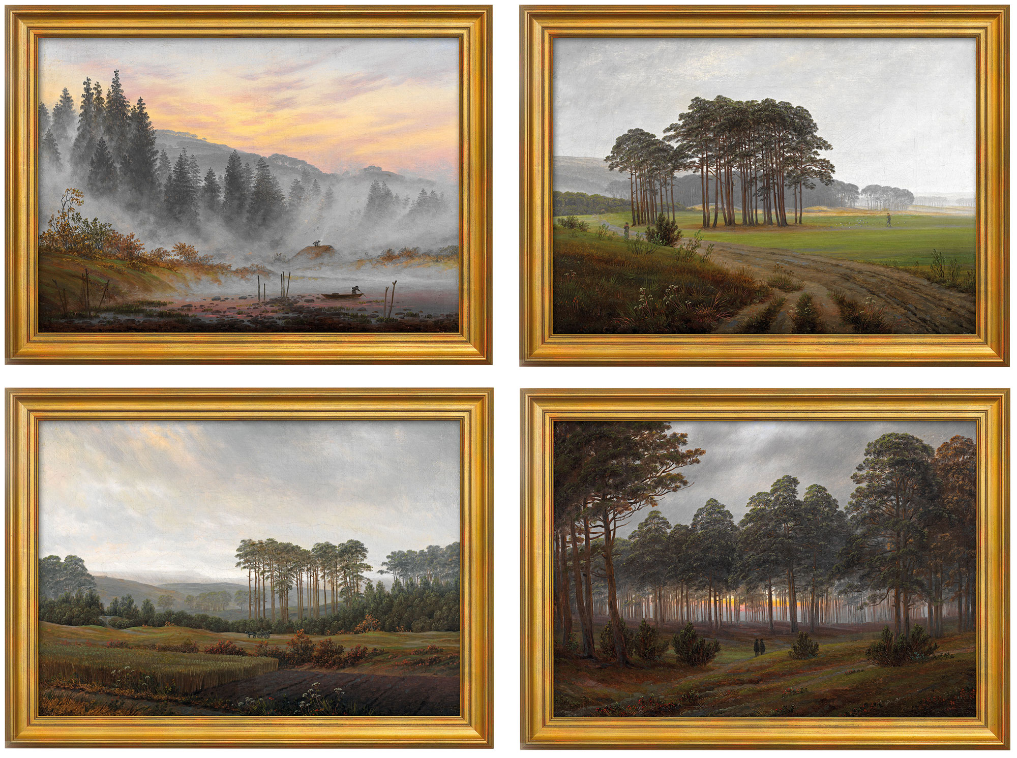 Caspar David Friedrich: 4-teiliges Bilderset 'Der Tageszeitenzyklus' (1821/22), gerahmt