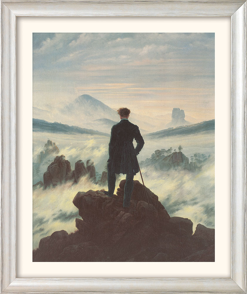 Caspar David Friedrich: Bild 'Der Wanderer über dem Nebelmeer' (1818), Version silberfarben gerahmt